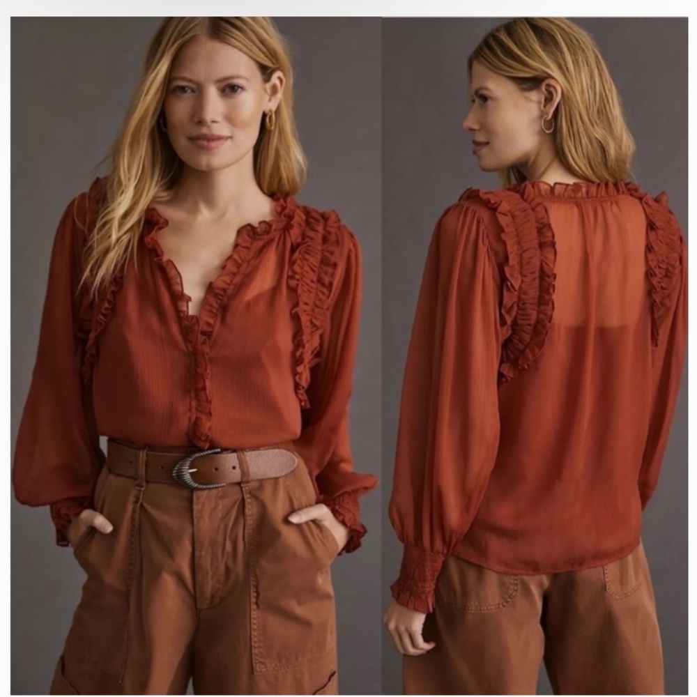 Forever That Girl Medium Copper Ruffled Blouse Romantic Bohemian Sheer Boho S